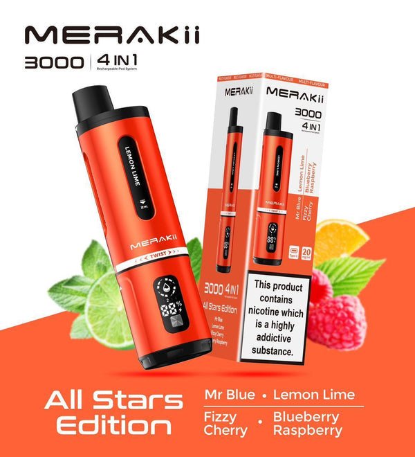 Merakii 3000 Disposable Vape 4 in 1 Edition - Box of 5 - Bulk Vape Wholesale